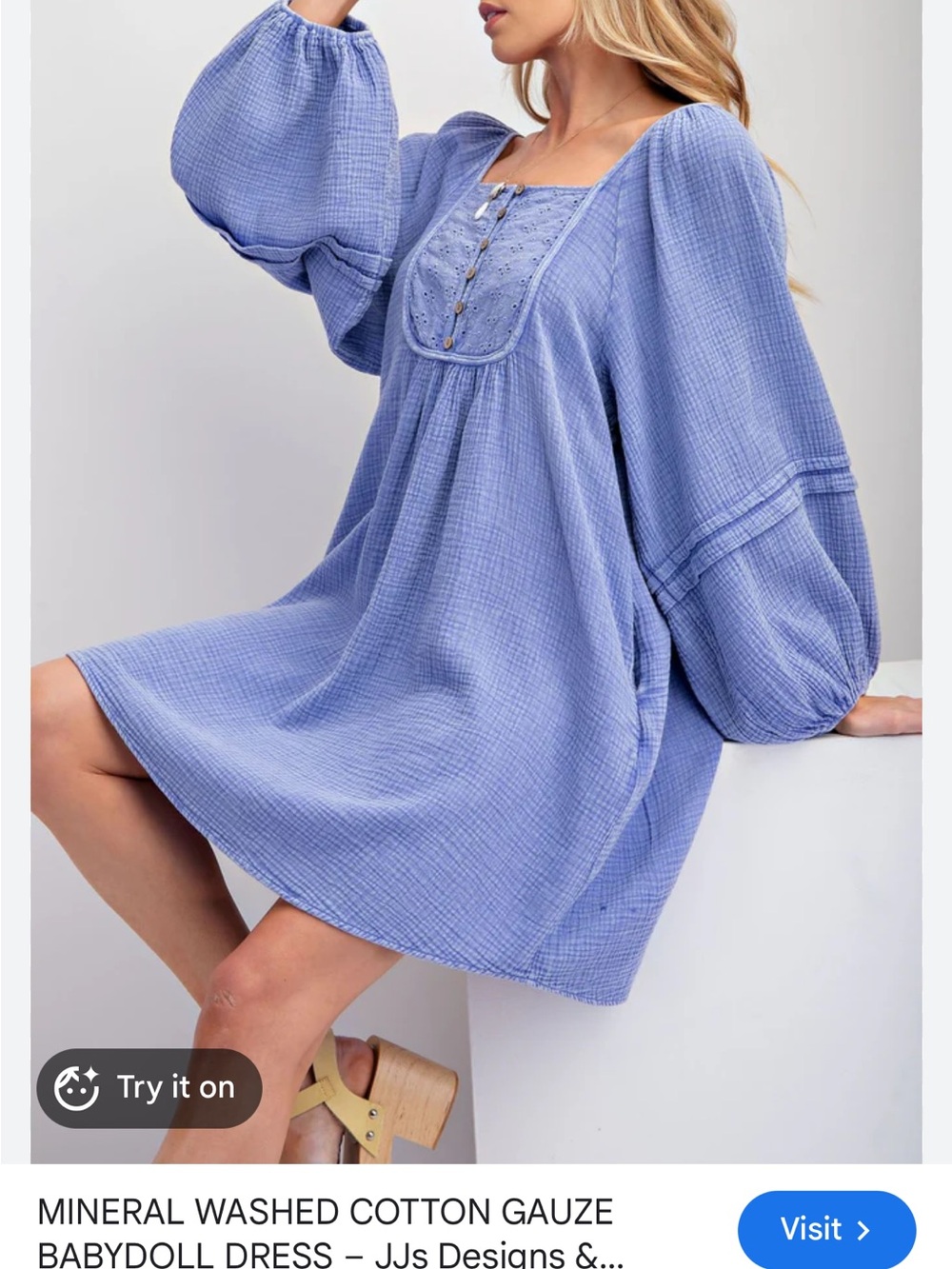 Three Bird Nest Puff-Sleeve Square-Neck Mini Dress - Picture 2 of 7